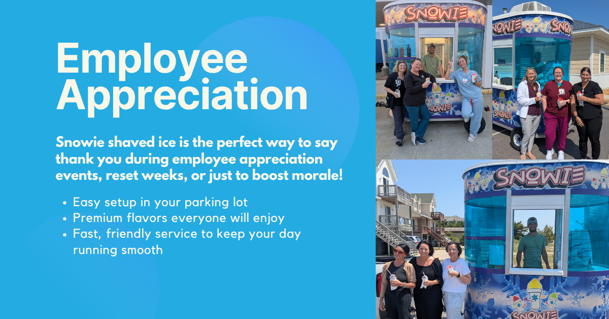 Pictures of groups of employees enjoying shaved ice at the Outer Banks, North Carolina
